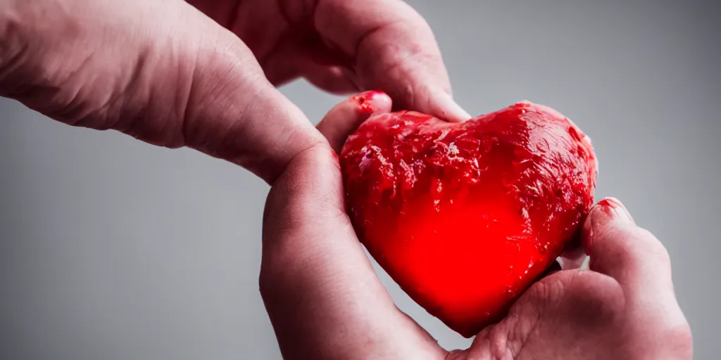Prompt: a bloody heart being held by a hand, at night, torch lit, shallow depth of field