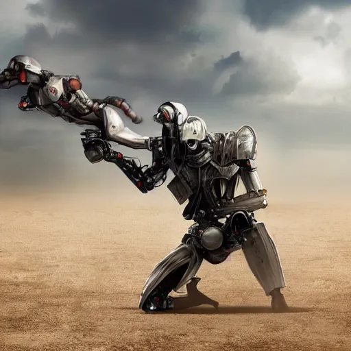 Image similar to anthropomorphic futuristic war robot - fighter killing a man - photographer, two figures, full body, clean background, photorealistic, detailed,