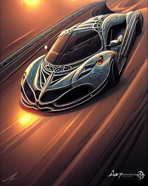 Image similar to Art nouveau Ferarri car, fantasy, intricate zigzag designs, elegant, highly detailed, sharp focus, art by Artgerm and Greg Rutkowski and WLOP