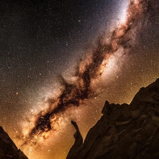 Image similar to Milky Way as seen in the night sky from spiky rock surface of an alien planet located in a different part of the galaxy, NASA true color 8k image, high detail