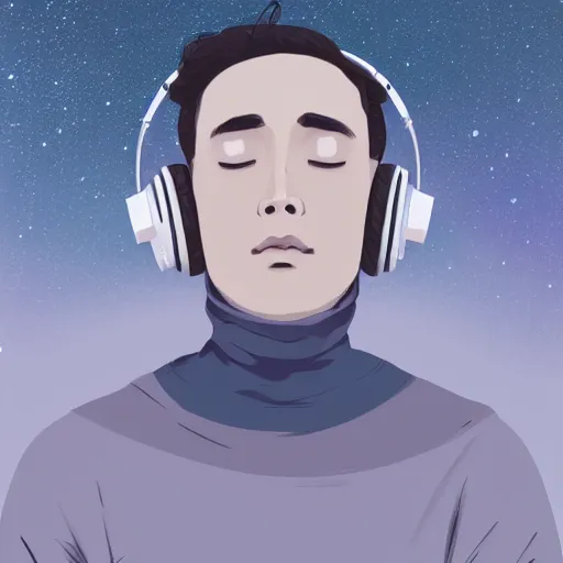 Image similar to medium shot of male wearing headphones sitting on the moon, calm, soothing, relaxed, cosy, quiet, elegant, cybernetic, glows, digital painting, Hayao Miyazaki, realism,