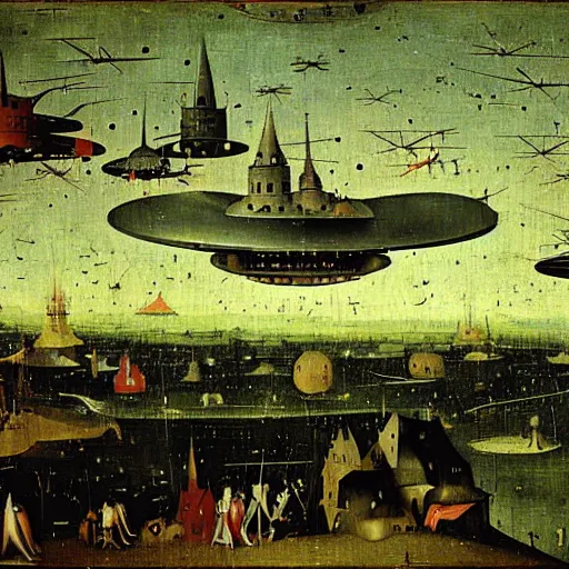 Image similar to a ufo fleet over a european town at night abducting people in their pajamas painting by hieronymus bosch