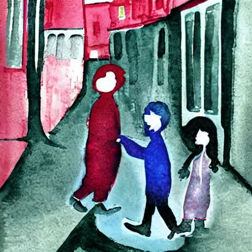 Image similar to “children’s book illustration of children playing in street while spectral figure watches in background, ominous, artist’s guache with watercolor overlay”