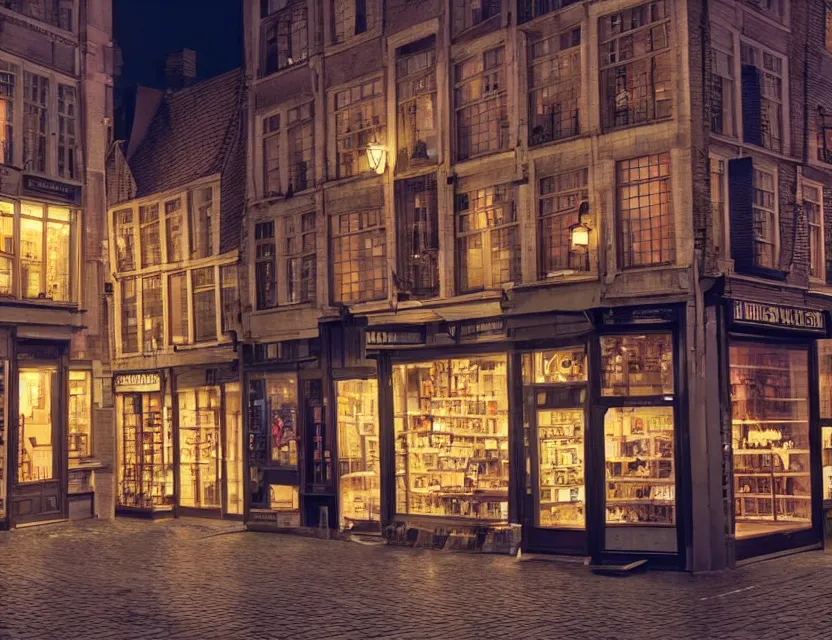 Prompt: close view of a shop in gent belgium at night, peaceful and serene, incredible perspective, soft lighting, anime scenery by makoto shinkai and studio ghibli, very detailed