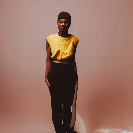 Prompt: realistic photoshooting for a new aime leon dore lookbook, color film photography, blonde woman, photo in style of tyler mitchell, 3 5 mm,