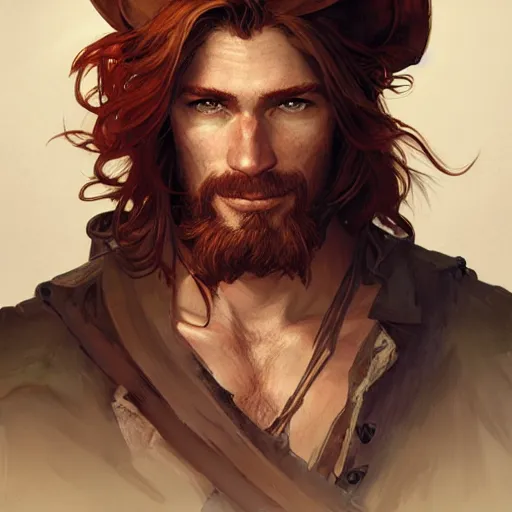 Image similar to portrait of a young ruggedly handsome but joyful pirate, male, masculine, upper body, red hair, long hair, d & d, fantasy, intricate, elegant, highly detailed, digital painting, artstation, concept art, matte, sharp focus, illustration, art by artgerm and greg rutkowski and alphonse mucha