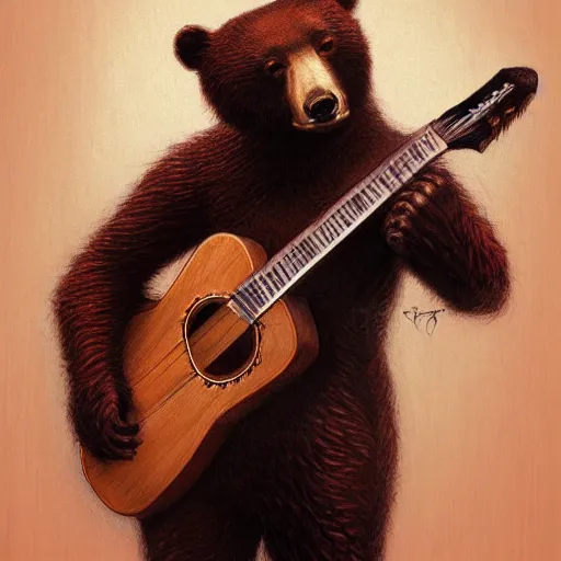 Image similar to realistic bear holding a wooden triangle combined with guitar neck, realistic portrait, symmetrical, highly detailed, digital painting, artstation, concept art, smooth, sharp focus, illustration, cinematic lighting, art by artgerm and greg rutkowski and alphonse mucha