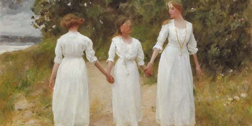 Prompt: a young edwardian woman wearing a white dress on a beach in Sweden, holding hands with another young edwardian woman, in the style of Anders Zorn