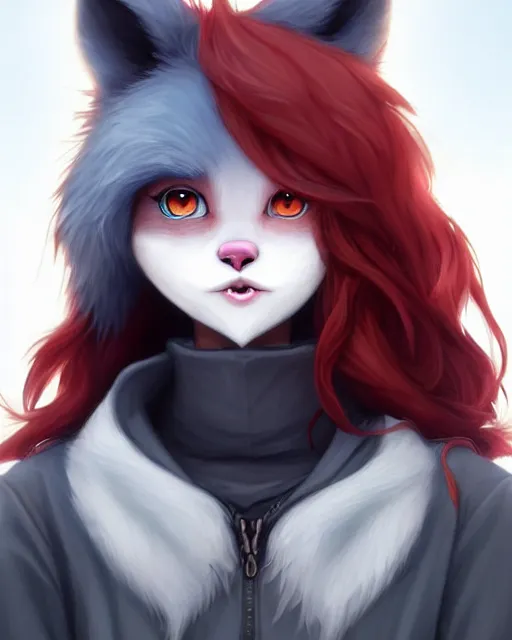 Image similar to character concept art of a dark grey anthropomorphic furry wolf with long red hair blue eyes | | cute - fine - face, pretty face, key visual, realistic shaded perfect face, fine details by stanley artgerm lau, wlop, rossdraws, james jean, andrei riabovitchev, marc simonetti, and sakimichan, artstation