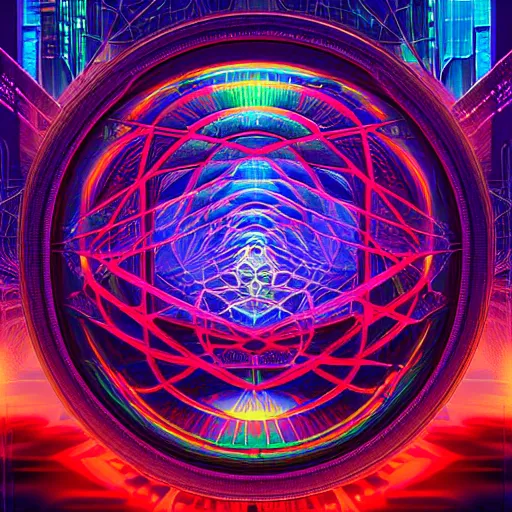 Image similar to matte painting of the sacred geometry of cyberpunk, brilliant colors, extremely detailed, very very detailed, in the style of alena aenami by Alex grey, HD, 4k, 8k