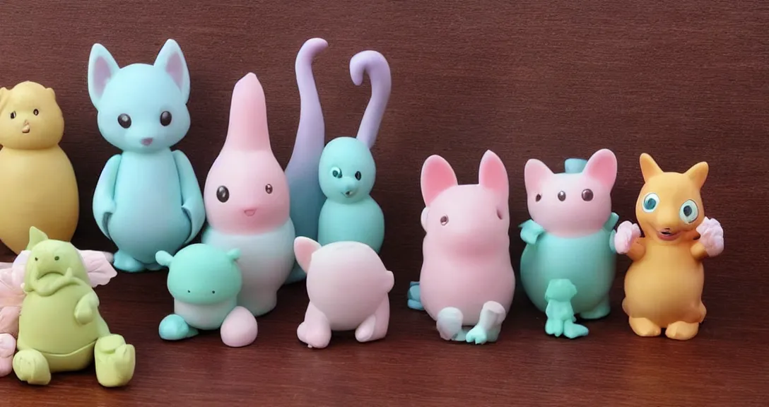 Image similar to some cute plastic toys that look like animal characters, pastel colors