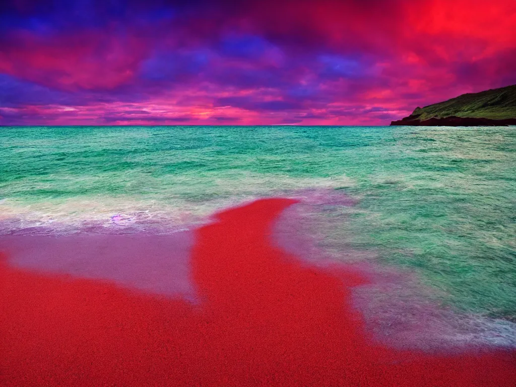 Prompt: purple tornado, red sand beach, green ocean, nebula sunset
