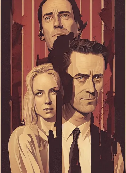 Image similar to poster artwork by Michael Whelan and Tomer Hanuka, Karol Bak of Naomi Watts Jon Hamm husband & wife portrait, creepy smiles, from scene from Twin Peaks, clean, simple illustration, nostalgic, domestic, full of details