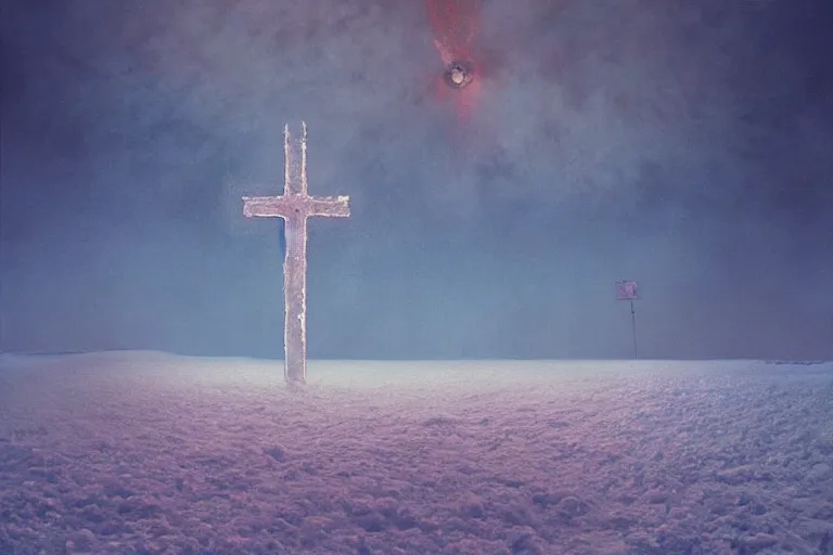 Image similar to a cross set on fire on a snow covered field, surreal frozen landscape, painting by beeple and zdzisław beksinski, a matte painting by li shida, cgsociety, context art, redshift, matte painting, reimagined by industrial light and magic