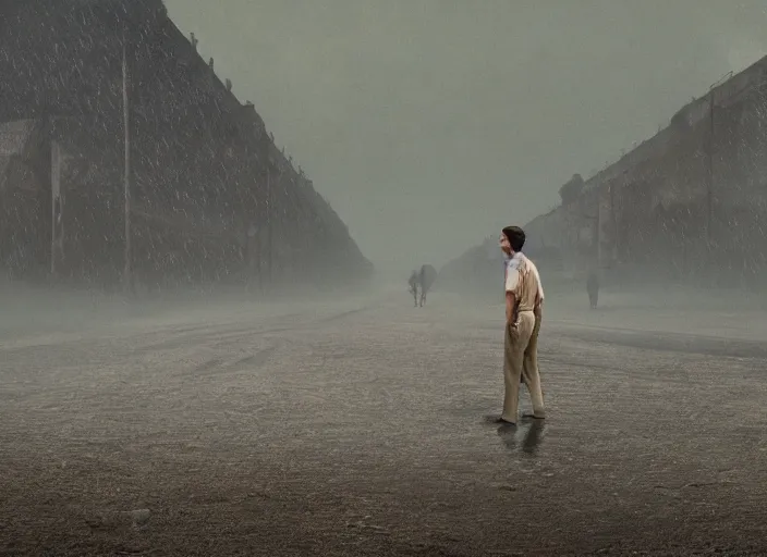 Image similar to A very high resolution image from a new movie, landscape, raining, hot, directed by wes anderson