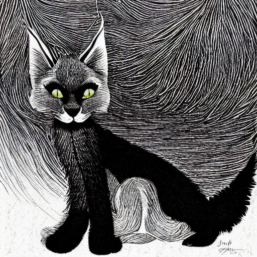 Prompt: black and white illustration, creative design, cute fluffy caracal, by junji ito