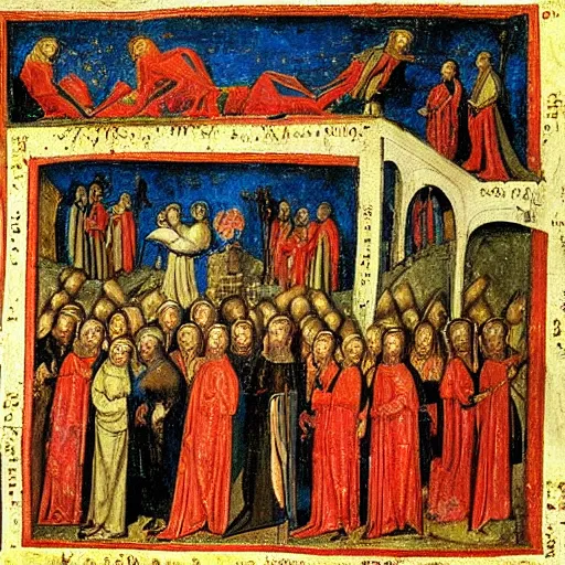 Prompt: a medieval painting of the hell as described by Dante Alghieri. Very detailed. High quality. Colorful.