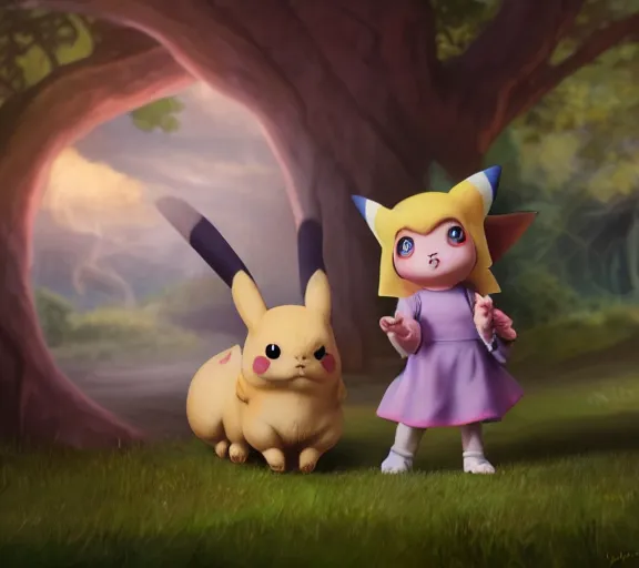 Image similar to epic fantasy comic book style portrait painting of a giant feral pikachu holding a tiny misty from pokemon, by mark ryden and pixar and hayao miyazaki, unreal 5, daz, hyperrealistic, octane render, cosplay, rpg portrait, dynamic lighting, intricate detail, cinematic