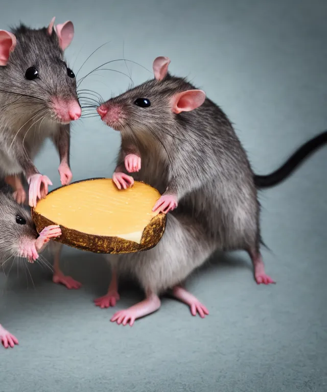 Image similar to high quality presentation photo of vicious anthropomorphic rats with sharp teeth eating cheese, and fighting each other over cheese, photography 4k f1.8 anamorphic bokeh 4k Canon Nikon