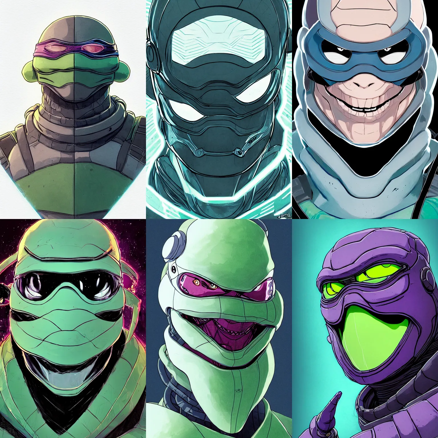 Prompt: a study of cell shaded portrait very close up face of cyber ninja turtle looking at camera as concept art, llustration, post grunge, concept art by josan gonzales and wlop, by james jean, Victo ngai, David Rubín, Mike Mignola, Laurie Greasley, highly detailed, sharp focus, alien, Trending on Artstation, HQ, deviantart, art by artgem