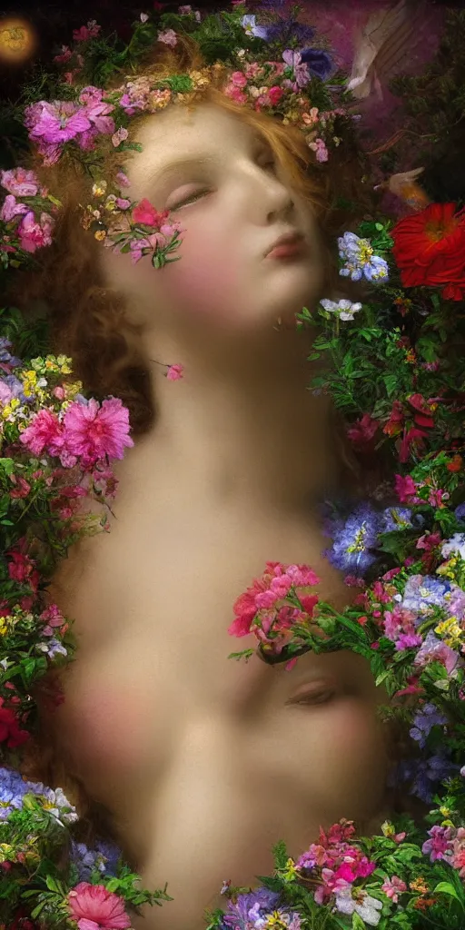 Image similar to high definition, digital, hyperreal, 2 k, tilt - shift, aphrodite, goddess of love, surrounded by flowers, in the style of a painting