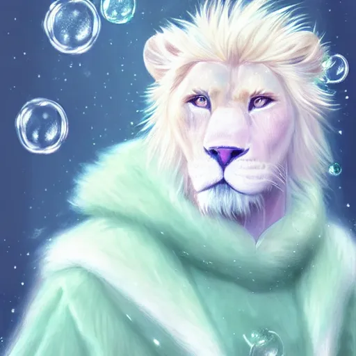 Image similar to aesthetic portrait commission of a albino male furry anthro lion surrounded by glistening floating bubbles while wearing a cute mint colored cozy soft pastel winter outfit, winter Atmosphere. Character design by charlie bowater, ross tran, artgerm, and makoto shinkai, detailed, inked, western comic book art, 2021 award winning painting