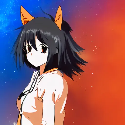 Image similar to anime tomboy with dark skin, black hair, wolf ears and glowing orange eyes