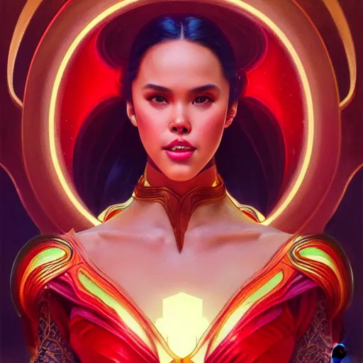 Image similar to catriona gray as darna, volumetric lights, red and cyan theme, art nouveau botanicals, intricate, highly detailed, digital painting, artstation, concept art, smooth, sharp focus, cinematic, illustration, beautiful face, art by artgerm and greg rutkowski and alphonse mucha