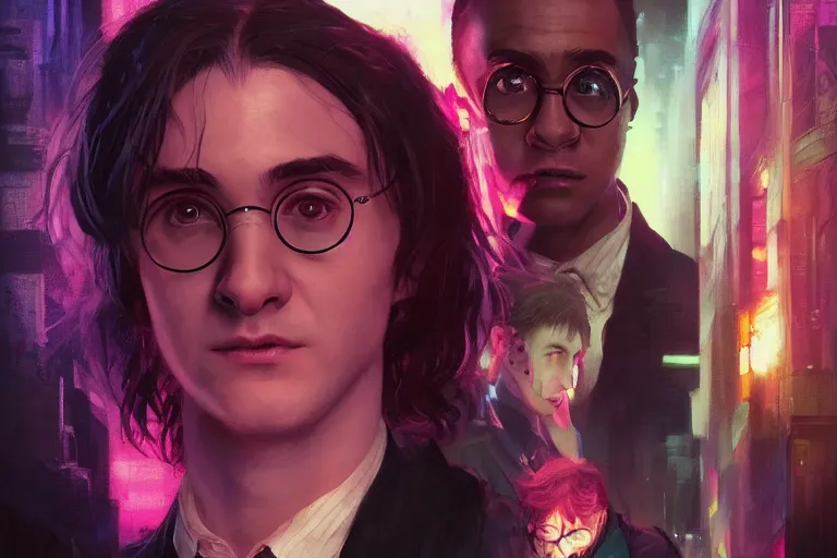 Prompt: portrait of Harry Potter in cyberpunk, neon lighting, portrait in center, digital art from artstation by Ruan Jia and Mandy Jurgens and Artgerm and william-adolphe bouguereau and Greg Rutkowski and Wayne Barlowe