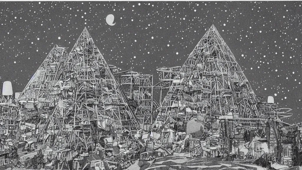 Image similar to a movie still from a studio ghibli film showing a huge industrial mining facility. a pyramid is under construction in the background, in the rainforest on a misty and starry night. by studio ghibli