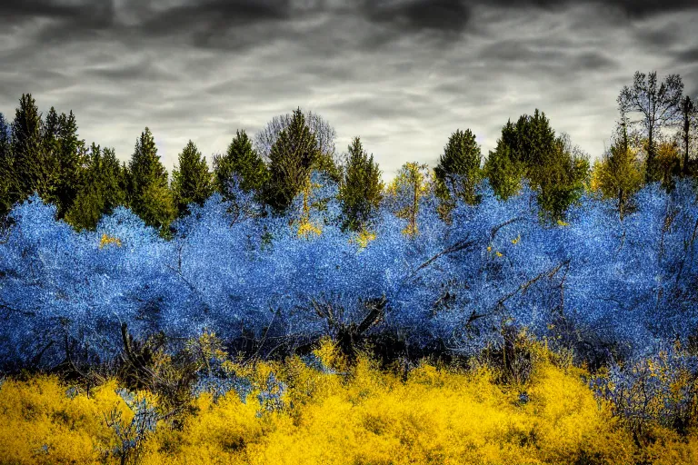 Image similar to forest of blue spaghetti under a yellow sky