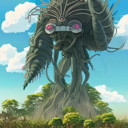 Image similar to a beautiful movie still in the style of Studio Ghibli anime showing a giant alien creature flying through a post-apocalyptic New York City overrun with vegetation. Studio Ghibli, trending on artstation, trending on behance