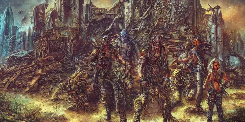 Image similar to psychedelic post apocalyptic orcish biker gang, scifi city ruins, sharp focus, psychedelic colors, boris vallejo, michael whelan