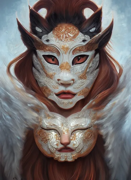 Image similar to a beautiful detailed oil on copper art illustration of a japanese kitsune mask woman, centered, by charlie bowater, zeng fanzh, trending on artstation, dim dusk lighting, cinematic lighting, detailed lighting, volumetric lighting, realistic, f 8, 4 k hd wallpaper