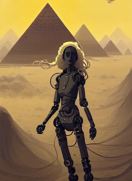 Prompt: highly detailed portrait of a robotic cyborg long curly white hair nomadic tribal lady, stray wiring by atey ghailan, james gilleard, by joe fenton, by greg rutkowski, by greg tocchini, by kaethe butcher, 4 k resolution, gradient yellow, black and white color scheme!!! ( ( robotic sandstorm robotic pyramid landscape background ) )