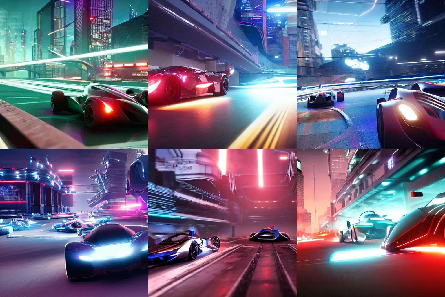 Prompt: footage of futuristic racing cars driving around a cyberpunk circuit, unreal engine 5 highly rendered, radiant light, detailed and intricate environment, wide angle, cinematic lighting