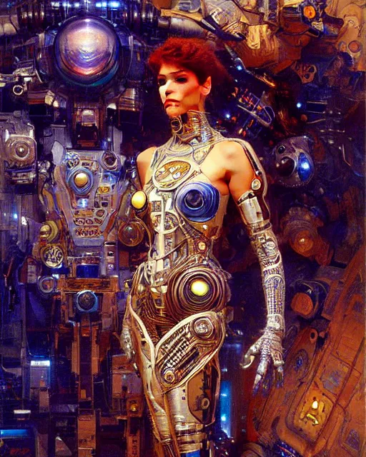 Image similar to an attractive cyborg wearing a futuristic dress surrounded by intricate geometric patterns. highly detailed painting by gaston bussiere, craig mullins, j. c. leyendecker 8 k