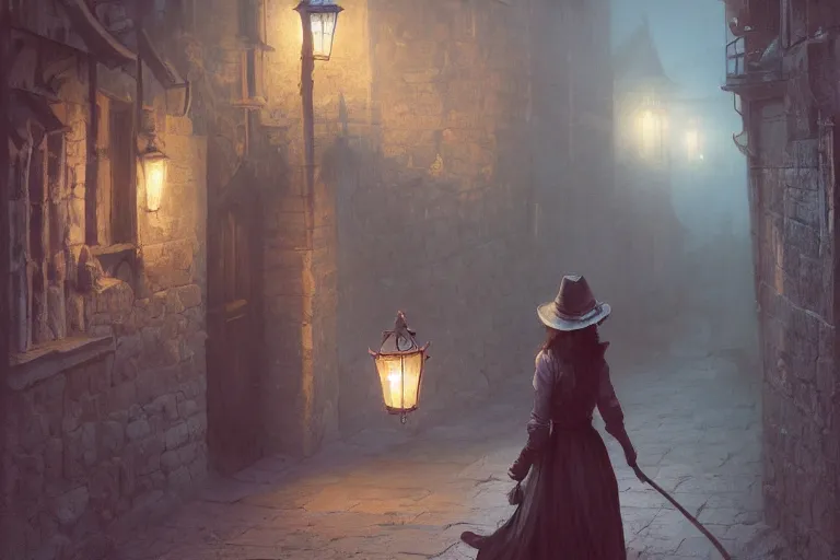 Prompt: A girl with big hat walking through the streets of a medieval village at night, glowing lights, oil painting, Greg Rutkowski, gustave doré, alphonse mucha, frank frazetta, unreal 5, hyperrealistic, cinematic view, octane render, RPG portrait, dynamic lighting, fantasy art, beautiful face