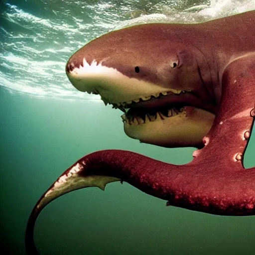 Prompt: photograph of an octopus eating a hammerhead shark, Award winning National Geographic photo