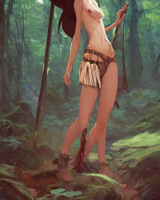 Prompt: a caucasian tribeswoman standing in the woods. By Makoto Shinkai, Stanley Artgerm Lau, WLOP, Rossdraws, James Jean, Andrei Riabovitchev, Marc Simonetti, krenz cushart, Sakimichan, D&D trending on ArtStation, digital art.