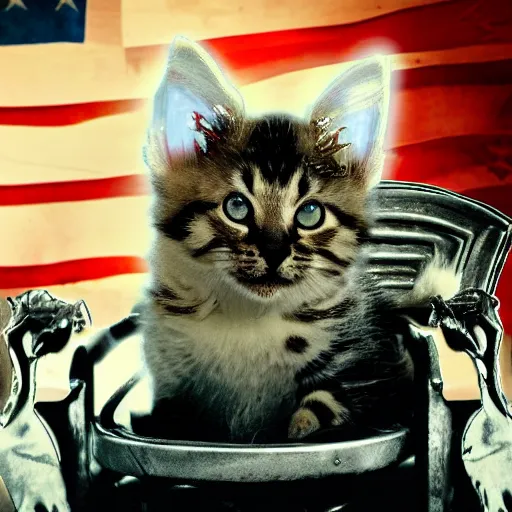 Image similar to burning kitten sitting on thrones of swords, lightning striking around, american flag in background