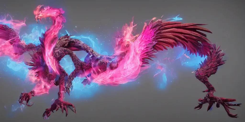 Image similar to pink and blue flaming phoenix, character portrait, unreal engine 5, intricate, detailed, realistic, masterpiece