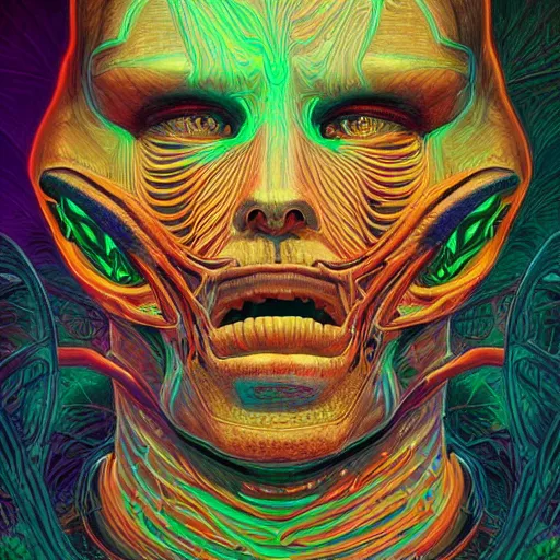 Prompt: ancient neon monster portrait, fixed eyes, intricate artwork by josan gonzalez, artgerm, h. r. giger, kilian eng, very coherent artwork, cinematic, hyper realism, vibrant, octane render, unreal engine, 8 k, high contrast, higly detailed black ink outline, super high definition,