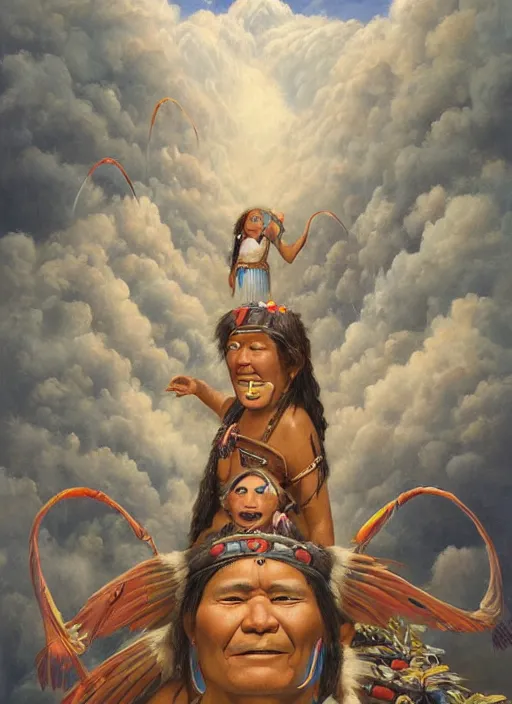 Image similar to faces of indigenous amazonian grandfathers and grandmothers spirits in the clouds, smiling, protection, benevolence, ancestors, detailed faces, art by christophe vacher