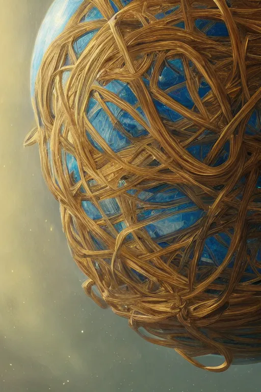 Image similar to rubber band ball planet, oil on canvas, intricate, portrait, 8 k highly professionally detailed, hdr, cgsociety