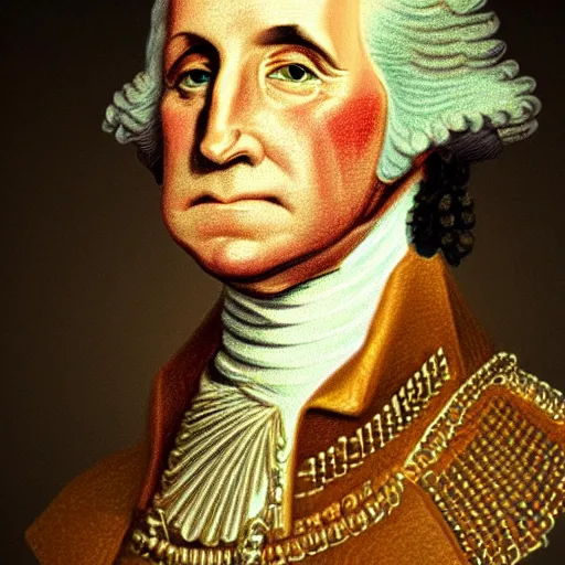 Image similar to a photorealistic colored pencil sketch of a distinguished George Washington wearing a gold chain around his neck with a small Doubloon coin attached as a necklace. This 4K HD image is Trending on Artstation, featured on Behance, well-rendered, extra crisp, features intricate detail and the style of Unreal Engine.