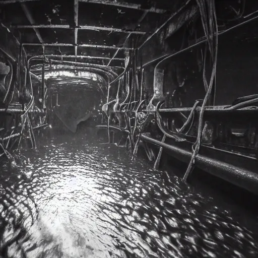 Image similar to the interior of a flooded rusty shipwreck, dark, scary lighting, scary, creepy, eerie, horror, submechanophobia, murky water, underwater photograph,