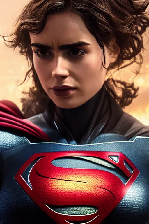 Image similar to a fancy close up of Man of Steel cast as Lily Collins by Greg Rutkowski, Sung Choi, Mitchell Mohrhauser, Maciej Kuciara, Johnson Ting, Maxim Verehin, Peter Konig, 8k photorealistic, cinematic lighting, HD, high details, dramatic, trending on artstation, full body shot