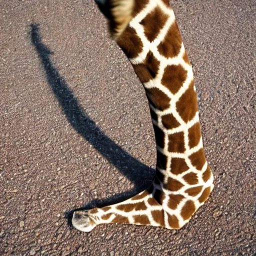 Prompt: a giraffe with human legs and hairy feets