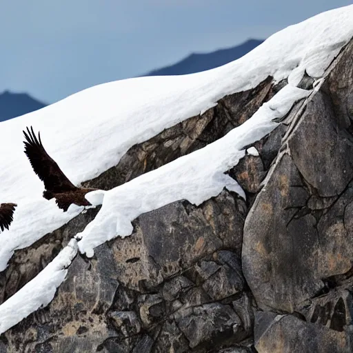 Prompt: Eagles flying on top of snowy mountain peaks